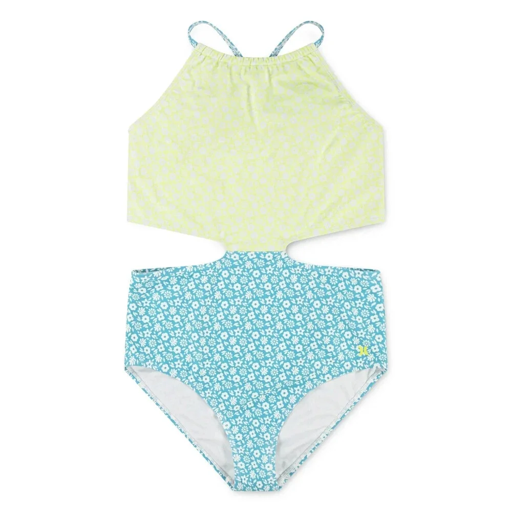 Hurley Swimsuit Girl 16 Green Blue Ditsy Floral Halter Monokini One Piece GBO820